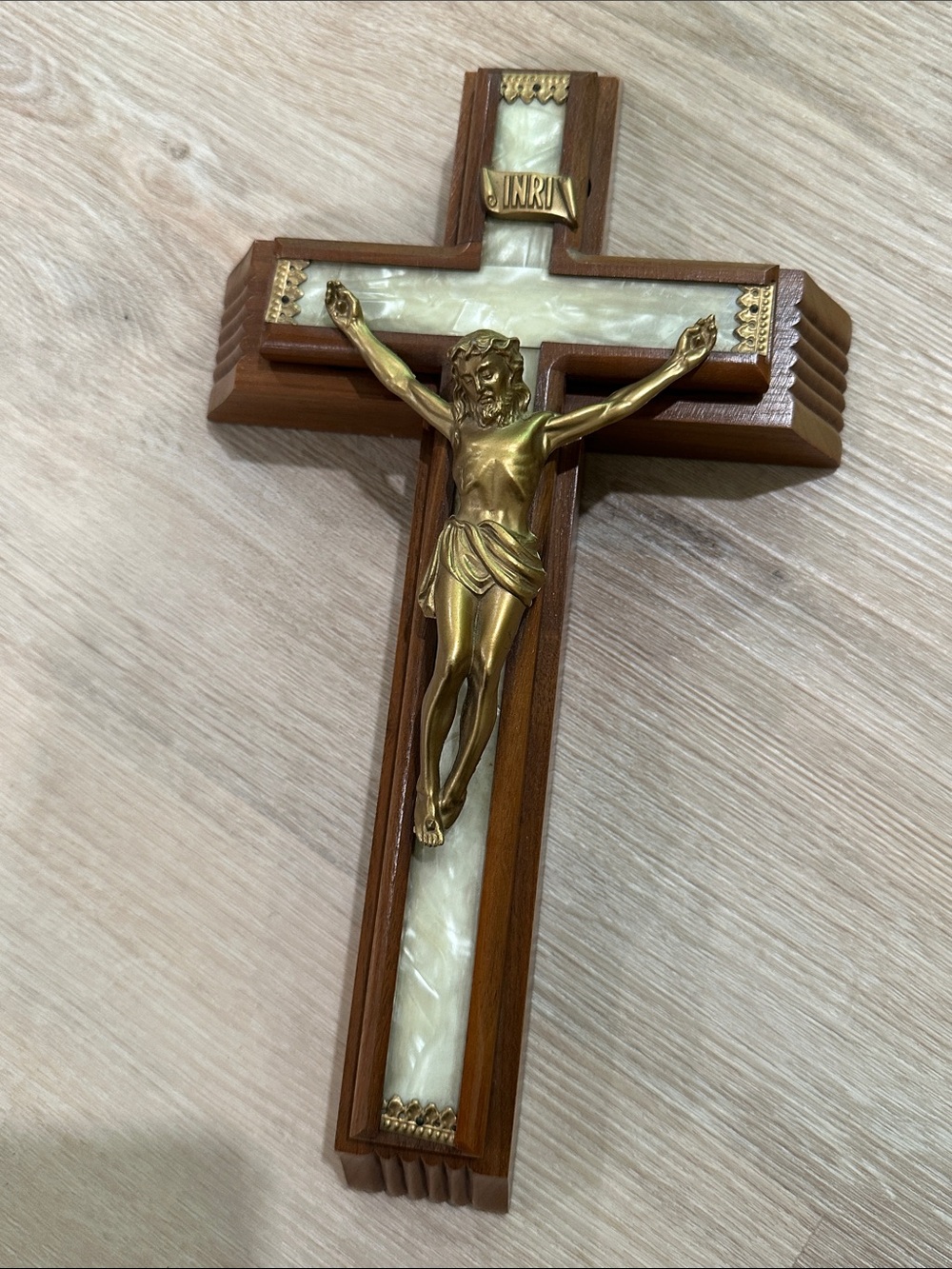 Vintage Mother Pearl Wood Crucifix Last Rites Sick Catholic Cross candle water